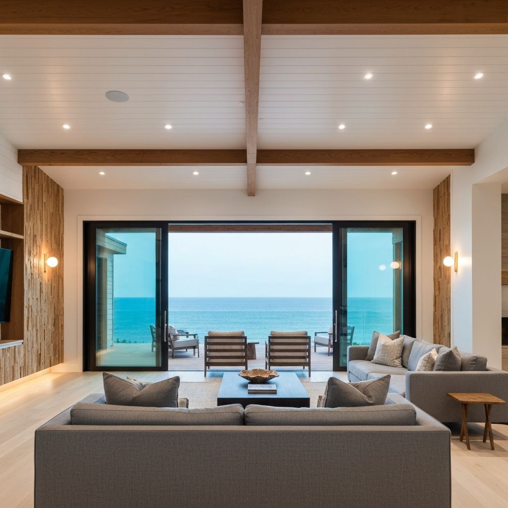 Sala de estar reformada com vista para o mar